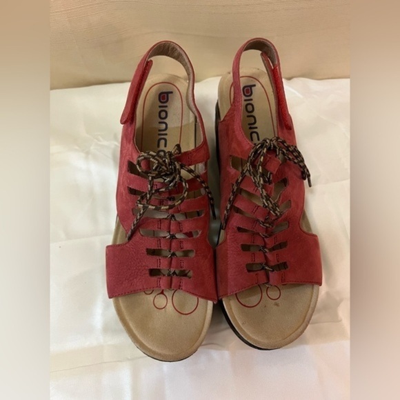 Bionica Shoes - Bionica women’s red leather wedge heel sandal size 11 summer comfortable